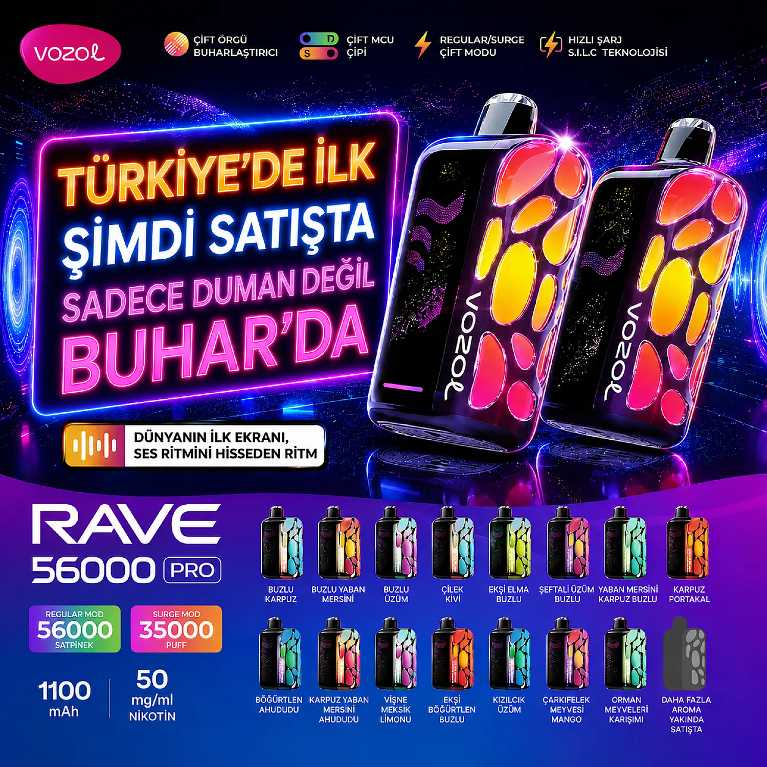 Vozol - Rave 56000 Pro Puff Tek Kullanımlık Elektronik Sigara