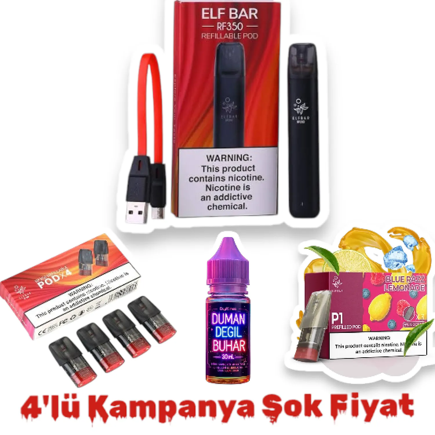 Yeni Başlayanlara Özel! 4lü Kampanya Elfbar RF350 Cihaz+ (Dolu&Boş) Kartuş+ Hediye Salt Likit - En Uygun Fiyatlı Orijinal Ürün